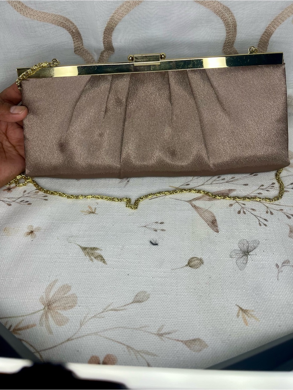 Jessica McClintock Taupe Satin Clutch with Gold Chain
